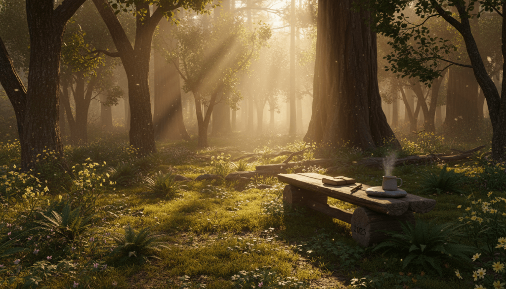 peaceful forest with a table to sit at to meditate